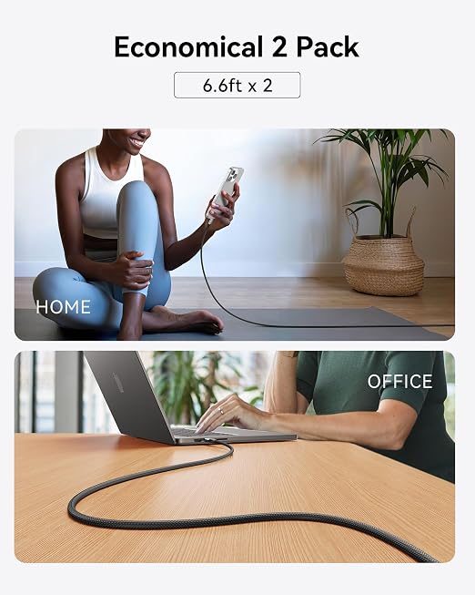 INIU USB C to USB C Cable, 240W Fast Charging Type C Charger Cord, Braided USBC Phone Charger Cable for iPhone 17 16 Pro Max Samsung S26 S25 Laptops MacBook Air 15 M3 iPad Switch [6.6ft+6.6ft Black]