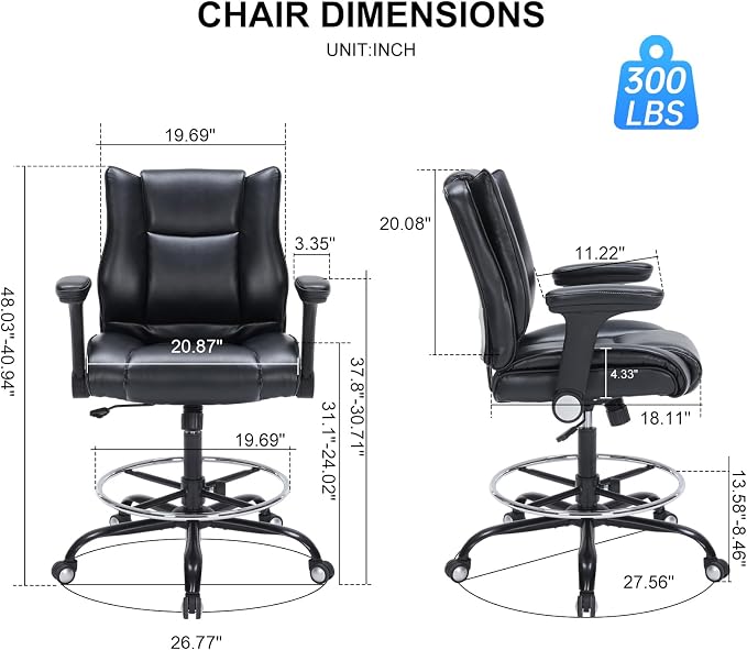 Office Drafting Chair, Tall Desk Chair with Adjustable Armrests and Footrest Ring PU Leather Standing Desk Chair with Extra Thicken Seat Cushion, Comfy High Office Chair for Counter Height Desk, Black