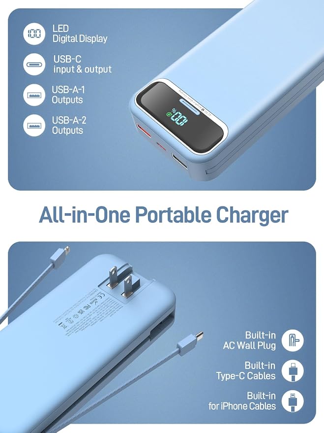 Portable Charger, 20000mAh 22.5W Fast Charging Power Bank with Built-in Cables & Wall Plug, Travel Essential External Battery Pack with LED Display, USB C Battery Phone Charger for iPhone Samsung Blue
