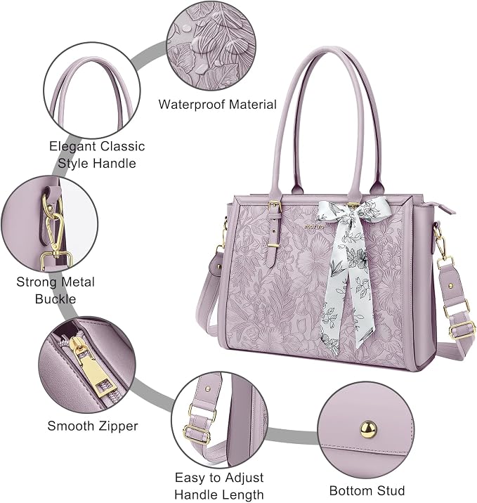 MOSISO Laptop Bag for Women, 15.6-16 inch PU Leather Tote Bag Compatible with MacBook, HP, Dell, Asus Notebook, Front Embossed Retro Hibiscus Computer Bags with Silk Scarf&Clutch Purse, Dusty Lilac
