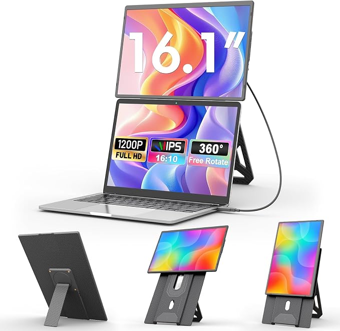 domyfan 16.1'' Laptop Screen Extender, 360° Rotating Detachable Stand/VESA Support, FHD 1200P IPS Portable Monitor, Plug & Play with HDMI/USB-A/Type-C, Compatible Win/Mac/Android