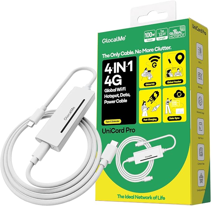 GlocalMe UniCord Pro USB C WiFi 6 Mobile Hotspot, 100W Type C Fast Charging Cable for CarPlay Laptop, Portable WiFi Hotspot for Travel in 200+ Countries, with 5 Location Technologies, No SIM Required