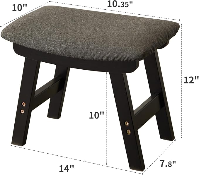 Kitsanery Foot Stool,Ottoman,Bamboo Small Sofa Foot Rest Under Desk,Extra Seating for Living Room, Bedroom and Kitchen (Black Stool Legs - Gray Surface)