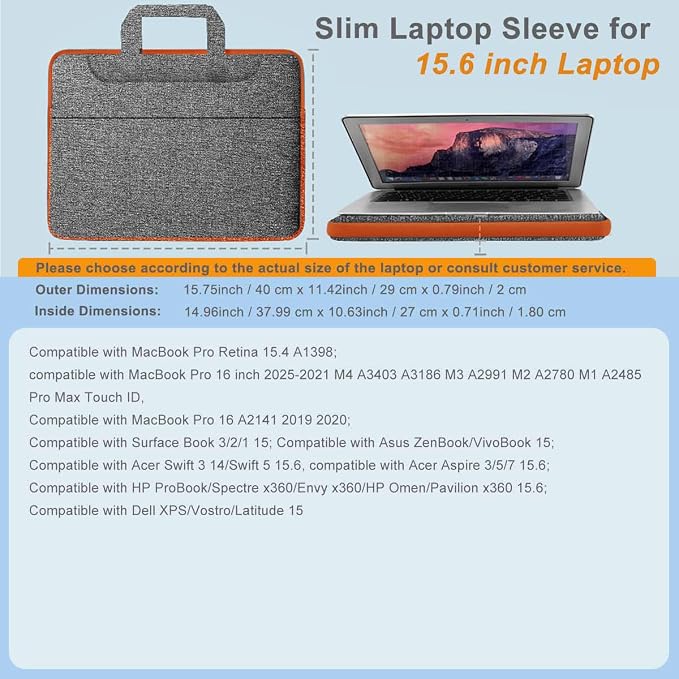 Laptop Case 15.6 inch Shoulder Bag, Durable Shockproof Protective Computer Carrying Briefcase with Multi-Pockets and Strap Compatible with Most 15.6 inch Notebooks,Dark gray-orange
