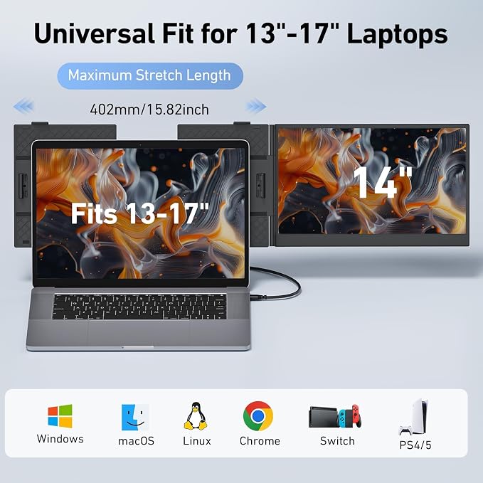 Vixtan 1.3lbs Ultra-Light Laptop Screen Extender, 14" FHD 1080P Portable Dual Monitor, Ultra-Thin Plug & Play for 13"-17" Laptops