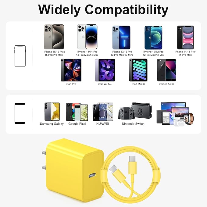 iPhone 17 16 15 Charger Fast Charging 6FT - 20W USB C Charger Block with 6FT Type C to C Cable Compatible with iPhone 17/17 Pro/17 Pro Max/Air/16/16e/15, iPad Pro, iPad Air (Yellow)