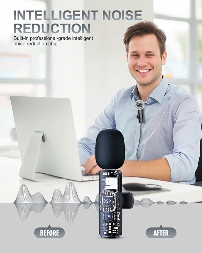 PQRQP 3 in 1 Professional Wireless Lavalier Microphone for iPhone/Android/Camera, Wireless Microphones, Mini Microphone, Crystal Clear Sound Quality for Recording, Live Streaming, Clips-Elegant Black