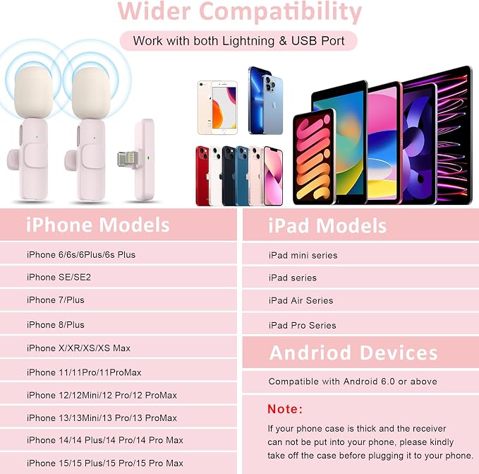 MAYBESTA Mini Wireless Lavalier Microphone for iPhone, iPad, Android - Bluetooth Lapel Phone Microphones for YouTube Video Recording - Clip on Lav Mic for Interview Podcast Vlog(Pink)