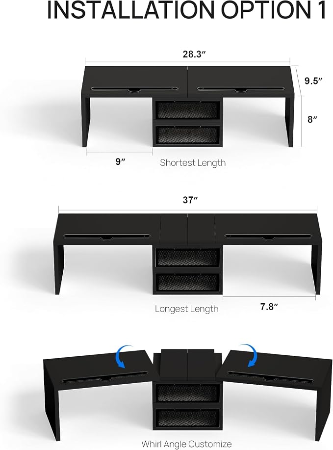 ZIFTY Dual Monitor Stand Riser with 2 Drawer and Smartphone Holder Wooden Desk Organizer, Adjustable Length & Angle Workspace Organizers for 3 Monitors Laptop Printer Computer, Black