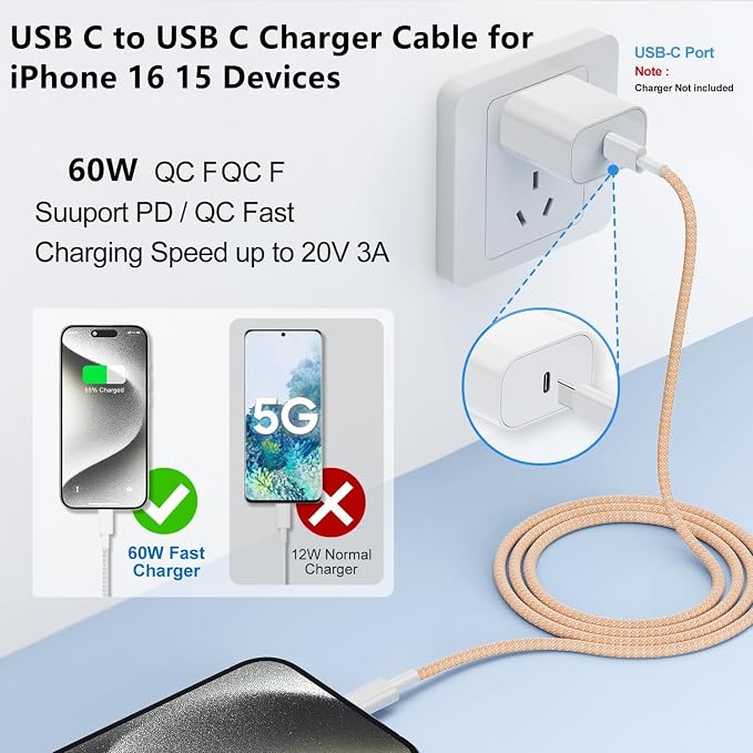 USB C to C Charger Cable 10ft, 60W Type C to C Fast Charging Cable Cord Long for Apple iPhone 17 Pro Max/17 Air/16 Pro Max/16 Pro/15 Plus/15 Pro Max/MacBook 2021/2020/2019,iPad Pro/Mini/Samsung Galaxy