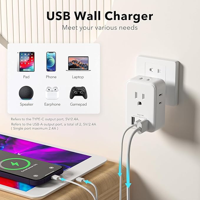 BN-LINK Multi Plug Outlet Extender 2 Pack, Outlet Splitter with 4 Outlet and 3 USB Ports (1 USB C), 4-Sided Multiple Plug Expander for Travel Kitchen Dorm Room Cruise Ship Essentials, White