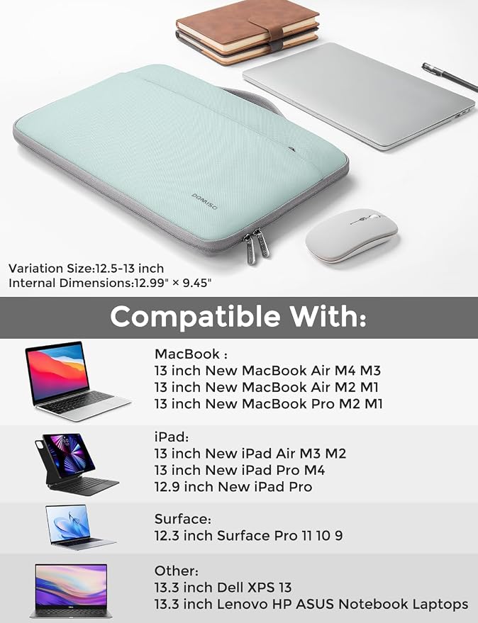 DOMISO Laptop Case Sleeve Protective Cover Compatible with MacBook Air 13 M4 M3 M2,MacBook Pro M2 M1,iPad Air/Pro,13 inch Dell,Lenovo, HP,Asus,Waterproof Computer Cases Bag with Handle,Mint Green