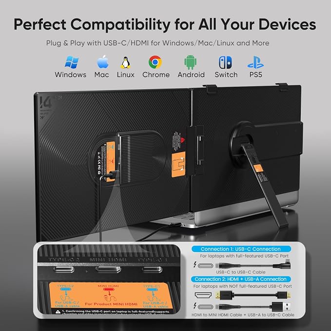 Laptop Screen Extender, 14" FHD 1080P Dual Screen Monitor for Laptop Ultra-Light Portable Monitor with USB-C/HDMI, Plug & Play for Windows/Mac/Chrome/Android