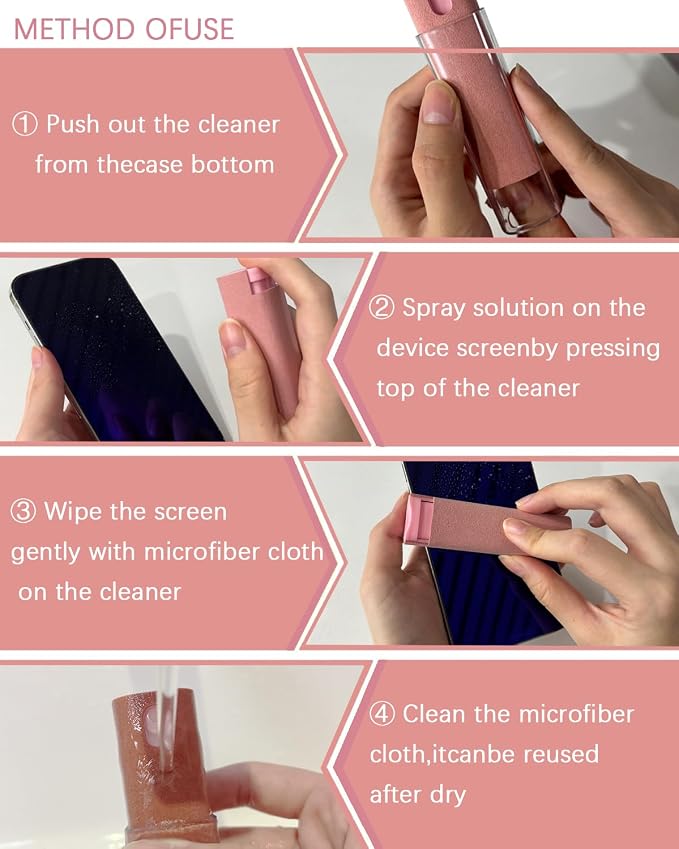Screen Cleaner Spray and Wipe Touch Screen Cleaner for iPhone iPad Computer Laptop Tablet MacBook Cell Phone Eyeglasses（Pink）