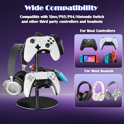 ZHGM Controller Stand 2 Tiers, Universal Gaming Headphone Stand Compatible with Xbox PS5 PS4 Nintendo Switch Pro, Aluminum Headset Holder Organizer Rack, Desktop Gamepads Holder, Black