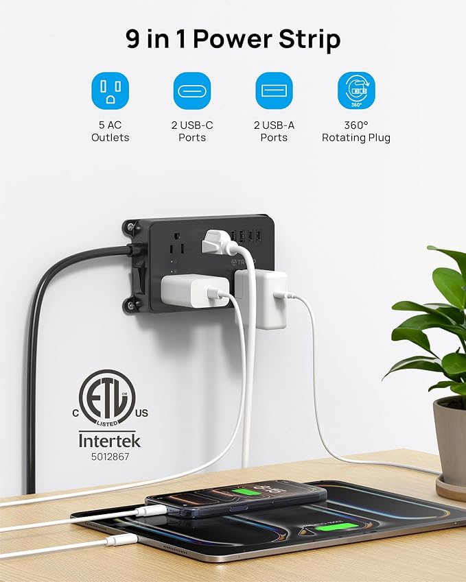 TROND Surge Protector Power Strip with 360° Rotating Plug, 10ft Extension Cord, ETL Listed, 5 Widely-Spaced Outlets with 4 USB Ports, 1300J Surge Protector, Wall Mountable, for Home Office, Black