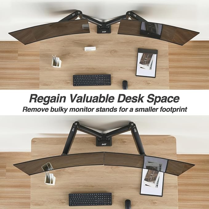 AVLT Dual Monitor Arm Desk Mount for 13"–43" Flat/Curved Screens with USB-A Pass-Through, Full Motion Height Adjustable Swivel Tilt Rotation VESA/C-Clamp/Grommet/Cable Management, Black