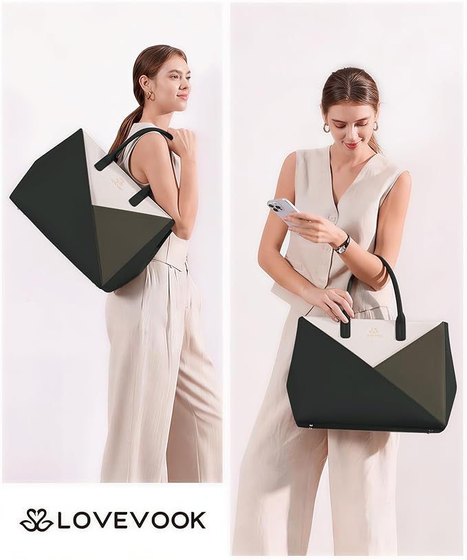 LOVEVOOK Laptop Tote Bag for Women with Large Cup Holder, 16 Inch PU Leather Work Bag Teacher Tote Bag, Waterproof Computer Bags Business Office Briefcase Handbag