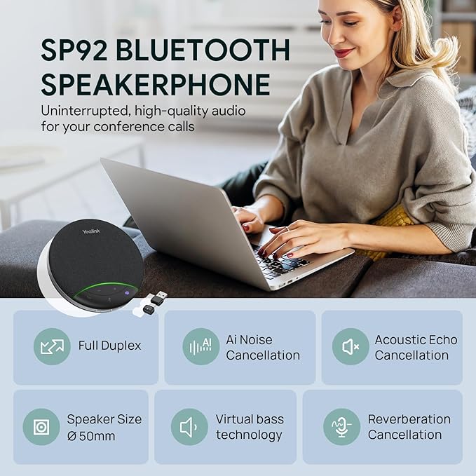 Yealink SP92 Bluetooth Speaker and Microphone with Dongle, Conference Speakerphone for Teams, 13ft 360 Omni Pickup, Full-Duplex Mic, AI Noise Reduction, 20H Call Time, USB C/A