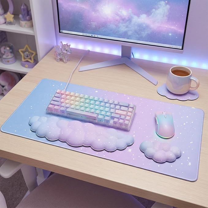 Cloud Mouse Pad Keyboard Wrist Rest 4PCS Extended Large Galaxy Stars Desk Mat Pad Set Memory Foam Non-Slip Cute Ergonomic Gaming Mouse Pad Wrist Support for Computer Home Office Purple Blue