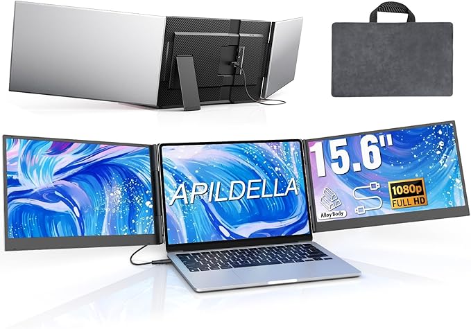 APILDELLA 15.6" Triple Laptop Screen Extender One Cable, 1080P FHD Portable Dual Monitor, Ultra-Slim Travel Monitor Extender for Triple Display on Mac/Windows, Fits 13"-17.3" Laptops（Driver Required）