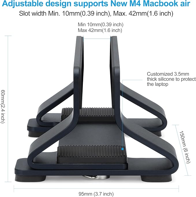 Aluminum Vertical Laptop Stand Dock Holder, Adjustable Slot Width 12-42mm, Space-Saving Upright Storage for MacBook and Laptops