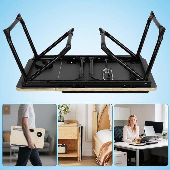 Laptop Bed Desk, Adjustable Lap Desk, Small Laptop Table with USB Charge Port, Desktop Card &Pen Slot, Cup Holder, Foldable Bed Tray Table for Couch Sofa Chair Floor Eating Working