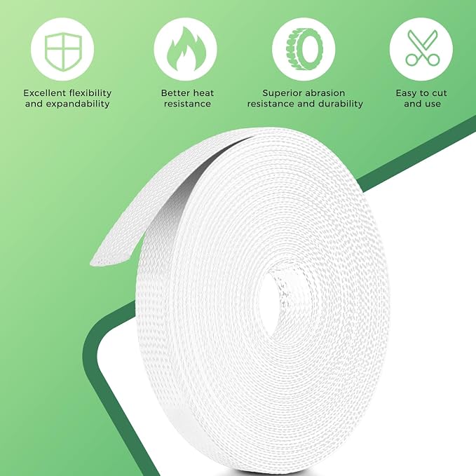 132 ft Expandable Braided Cable Sleeve Wire Loom PET Wire Sleeving，Wrap Management Mesh for Audio Video and Other Home Device Cable Automotive Wire - (1/2 Inch, 1/4 Inch, 3/8 Inch,3/4 Inch,White)