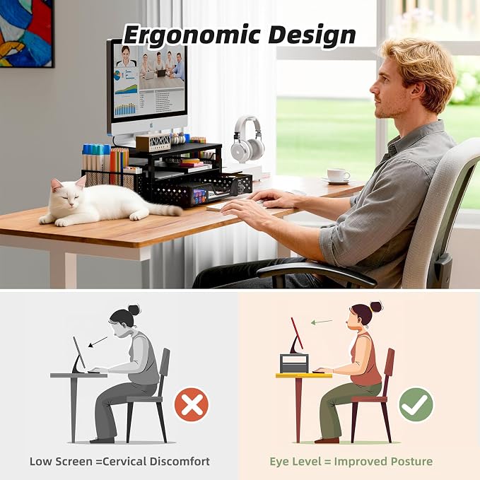 Simple Trending Desk Organizer and Accessories, 2-Tier Computer Monitor Stand Riser with Drawer and Pen Holders – Metal Latop Stand for Home Office, Black