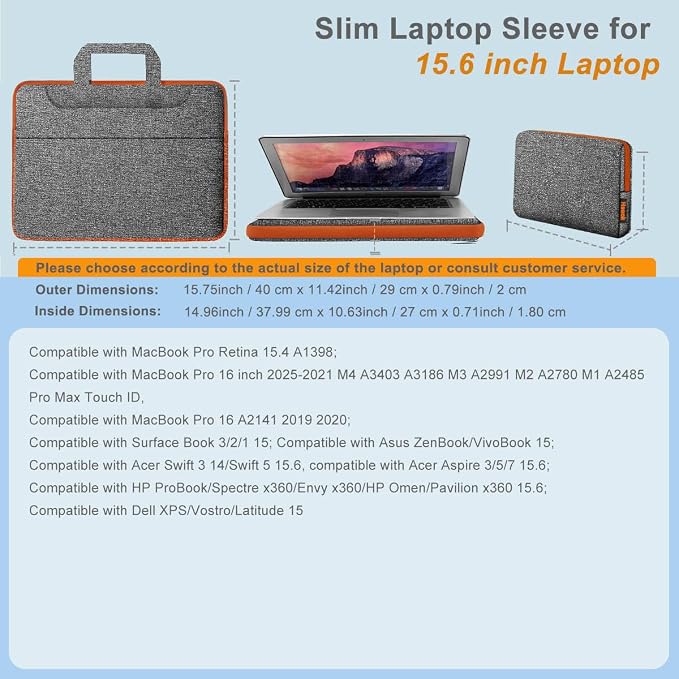 Hseok Laptop Shoulder Bag 15.6-16 inch Case,Water-Resistant Shockproof Computer Handbag with Small Case Compatible with MacBook Pro/Neo 16",Mac Air 15 M5, XPS 15/16 and most 15.6-16 PC,Gray-orange