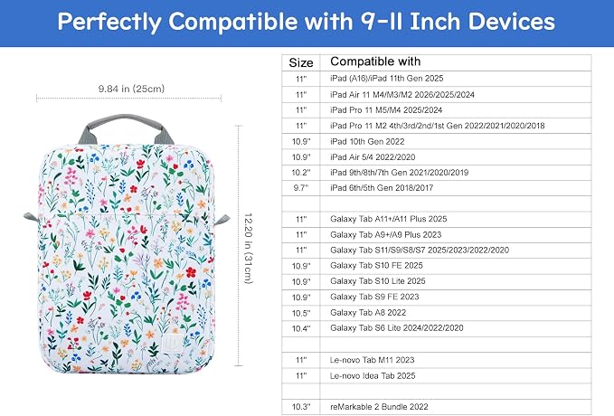 Dadanism 9-11 Inch Tablet Sleeve Bag Carrying Case with Shoulder Strap for iPad (A16) 11", iPad 10th Gen 10.9", iPad Air M4/Pro M5 11", iPad 9/8/7th 10.2", Galaxy Tab A11+ Plus 11",Blooming Bouquet