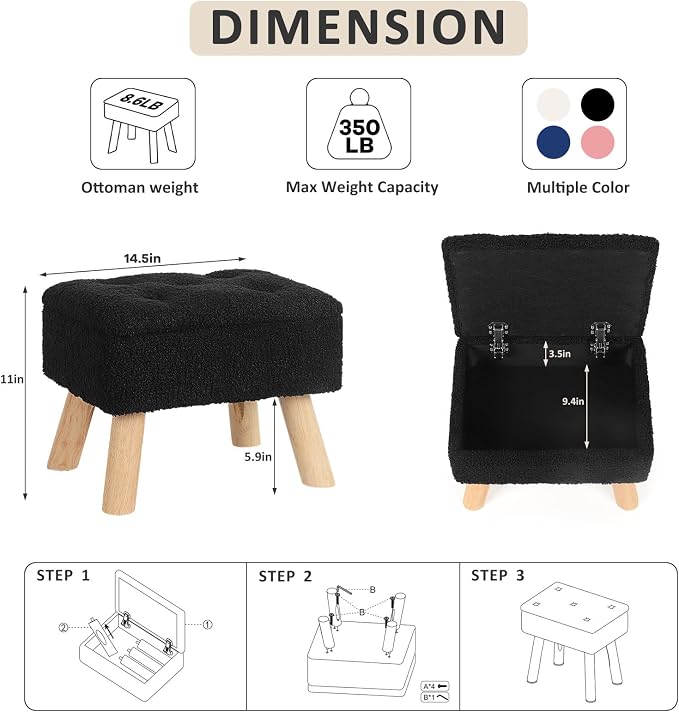 OGEMXU Storage Ottoman, Small Foot Stool Ottoman with Storage, Boucle Teddy Velvet Foot Rest with Padded Seat, Sturdy Wood Legs Stool for Living Room, Bedroom, Couch, Enterway (Black)