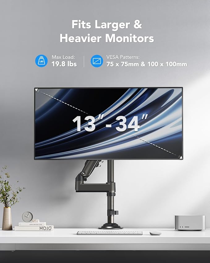 HUANUO Single Monitor Arm, Adjustable Desk Mount for 13-34 inch Screens, Holds 19.8lbs, 22.44 inch Max Height, Full Motion Swivel Gaming Monitor Stand with VESA 75x75mm and 100x100mm Compatibility