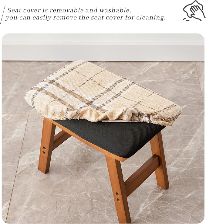 Kitsanery Foot Stool,Ottoman,Bamboo Small Sofa Foot Rest Under Desk,Extra Seating for Living Room, Bedroom and Kitchen (Brown Stool Legs - Stripes Surface)