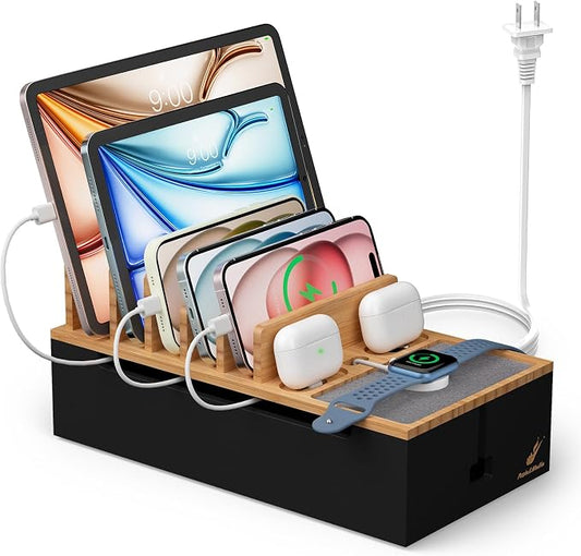 Pezin & Hulin Cable Management Box, Docking Station for Multi Devices, with 5 Ports Charge Adapter and 6 Cables, Wire Organizer for Cords, Box to Hide Cords and Storage Power Strip -Natural + Black