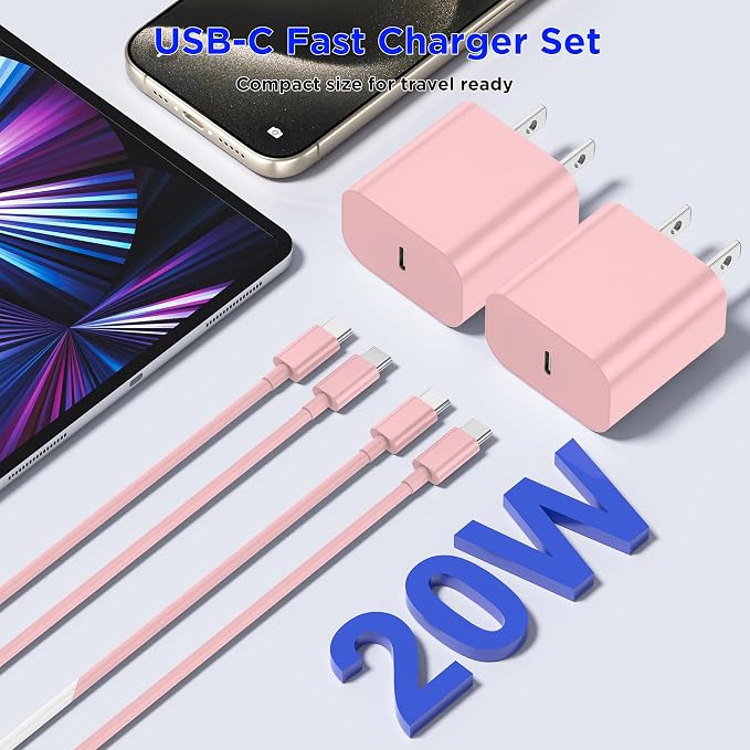 iPhone 17 16 15 Charger Fast Charging,2Pack 20W Apple iPad USB C Wall Chrager Block with 6FT USB C to C Cable for iPhone 17/Pro/Pro Max/17 Air/ 16/16 Pro/16 Pro Max/15/Plus/Pro/Pro Max (Pink)