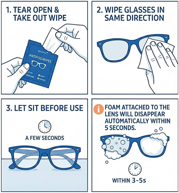 Anti-Fog Wipes for Glasses – Eye Glasses Cleaner Wipes, 100 Pack, Individually Wrapped, Pre-Moistened, Quick-Dry, Scratch-Free for Goggles, Camera, Watch, Lens, Laptop, Phone Screens