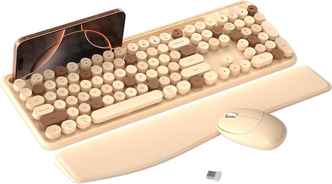 MPTOG Colorful Wireless Computer Keyboard and Mouse Combo with Phone Holder, Wrist Rest, Typewriter Keys, 2.4GHz Wireless, Full-Sized Optical Mouse for PC and Laptop (Milk Tea)