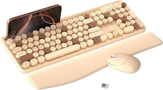 MPTOG Colorful Wireless Computer Keyboard and Mouse Combo with Phone Holder, Wrist Rest, Typewriter Keys, 2.4GHz Wireless, Full-Sized Optical Mouse for PC and Laptop (Milk Tea)