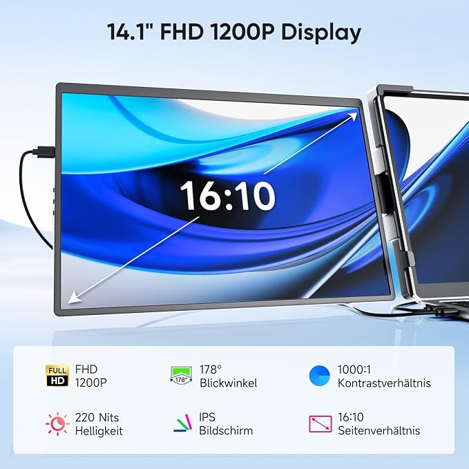 Dopesplay 14.1" Triple Portable Monitor with Case FHD 1920x1200 IPS Laptop Screen Extender Type-C/USB, Plug & Play | Fits 14"-17" Laptops, Compatible with Mac/Windows/Chrome/Switch