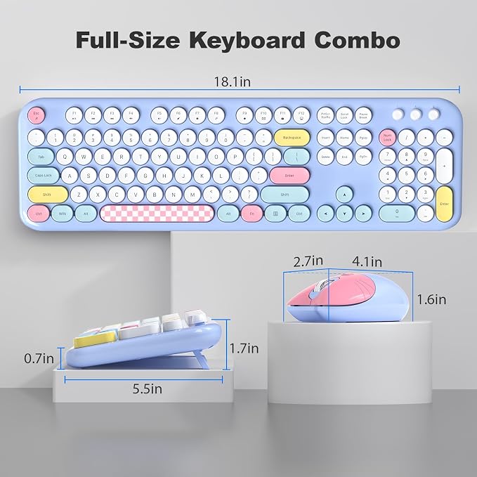 MOFII Wireless Keyboard and Mouse Combo - 2.4GHz Full-Size Retro Typewriter Keyboard with Round Keys, 3 Level Adjustable Optical Mouse, Plug & Play - Compatible with PC/Laptop/Desktop - Light Blue Mix