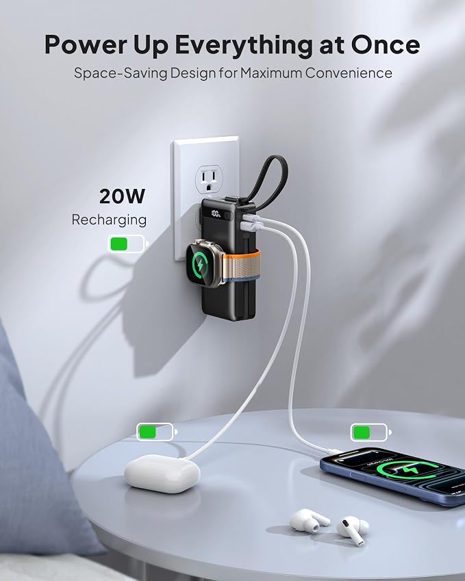 Portable Charger with Built-in Cables & Wall Plug, 10000mAh Power Bank, 5 Outputs 22.5W USB C Fast Charging, Mini Travel Essentials Battery Pack for iPhone 17/16/15/14, Apple Watch Ultra/11/10/9/8/SE