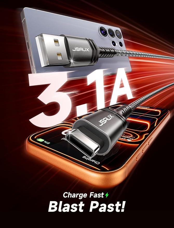 JSAUX USB C Cable [2-Pack 6.6ft], USB A to USB Cord Fast Charging for iPhone Air, iPhone 17, iPhone 17 Pro, iPhone 17 Pro Max, iPhone 16/iPhone 15 Series, Samsung S20 S10, Note 20 10, Car Play-Grey
