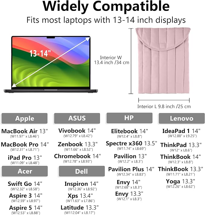 Puffy Laptop Sleeve 13-14 Inch Lilac Pink, Protective Carrying Case for Men and Women, Cute Case Bag Compatible with 13 and 14 Inch Laptops, for MacBook Air M2, Asus/Dell Xps in Cover