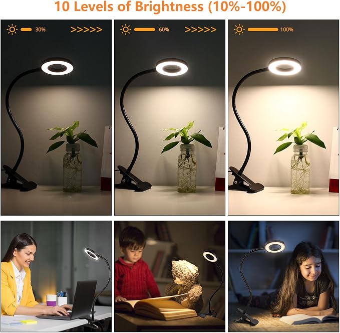 Woputne Desk Clip on Lamp for Reading Home Office, with 5V 2A Adapter, 10 Dimmable Brightness 3 Modes, Clamp Reading Light for Bed Headboard, Craft (Black)…