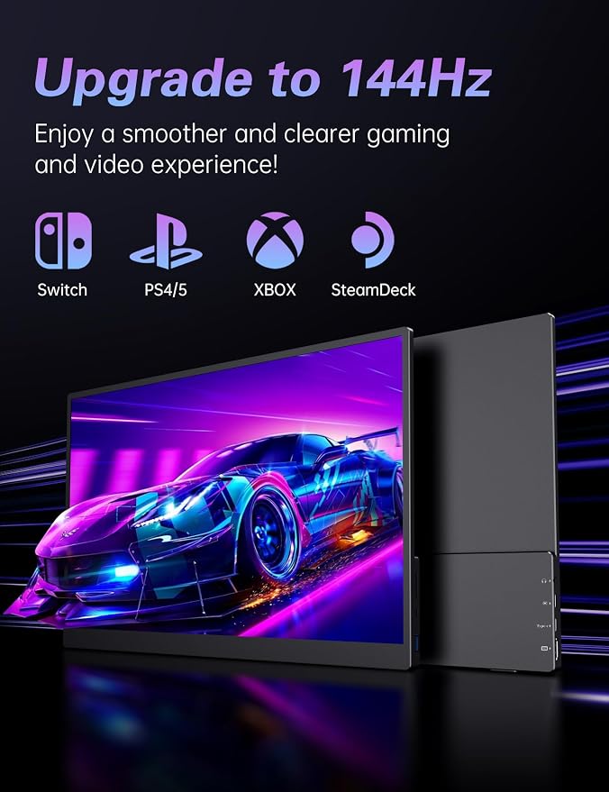 CAPERAVE Portable Monitor 17.3" 144Hz, FHD 100% sRGB HDR Portable Gaming Monitor, Travel Monitor with Kickstand & Speakers, USB-C HDMI External Screen for Laptop Mac Xbox Switch PS5/4
