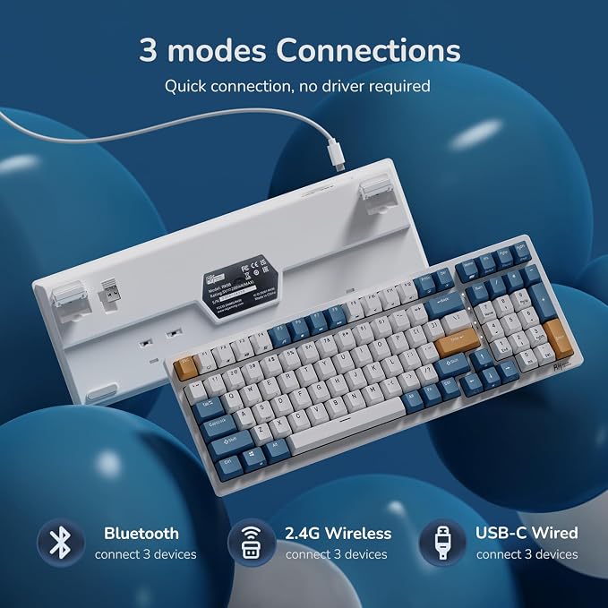 RK ROYAL KLUDGE RK98 Wireless Mechanical Keyboard, 100 Keys 98% Layout with Custom Switches Hot Swappable, Tri-Mode BT5.1/2.4G/USB-C Full Size Gaming Keyboard with Numpad RGB, Brown Switch