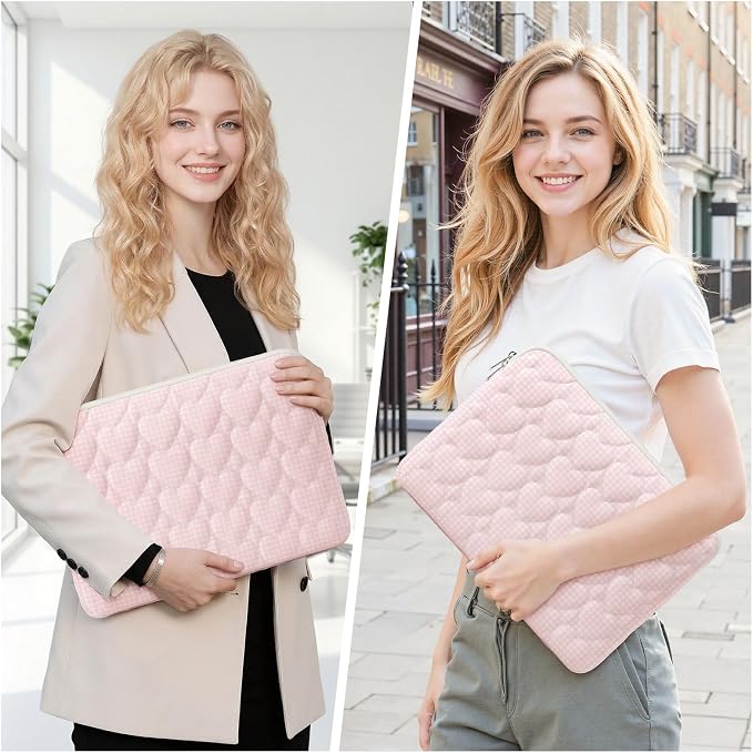 13-14 inch Cotton Quilted Laptop Sleeve for Women, Aesthetic Puffy Laptop Case Carrying Bag Compatible with MacBook Air/Pro 13/Pro 14, Soft Computer Liner Bag (Pink Gingham, 13.3inch)