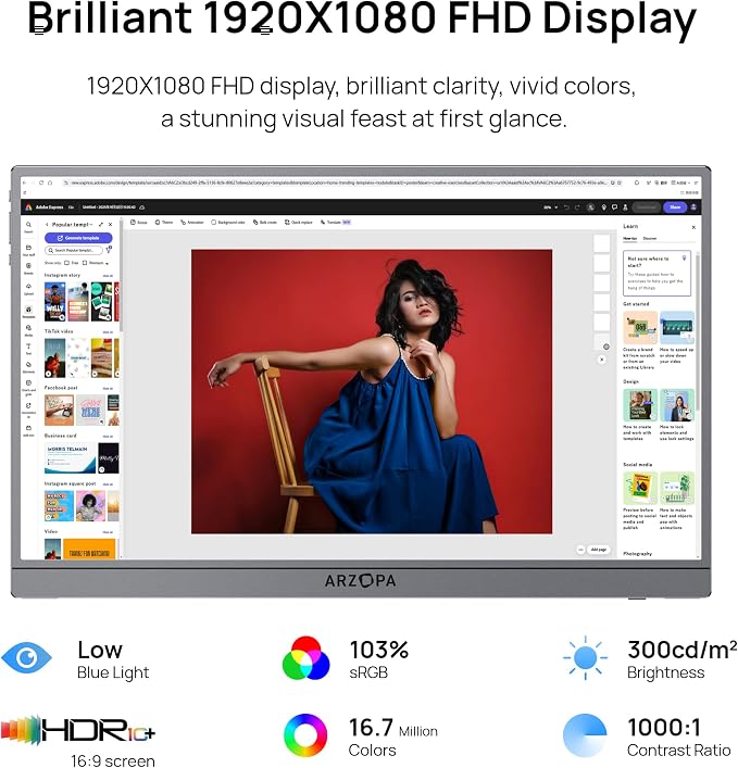 ARZOPA 17.3" Portable Monitor Gray, 1080P FHD 103% sRGB IPS Gaming Monitor Laptop Monitor with Built-in Kickstand HDMI USB C External Screen for PC Mac Phone Xbox PS5 - Z1C Plus