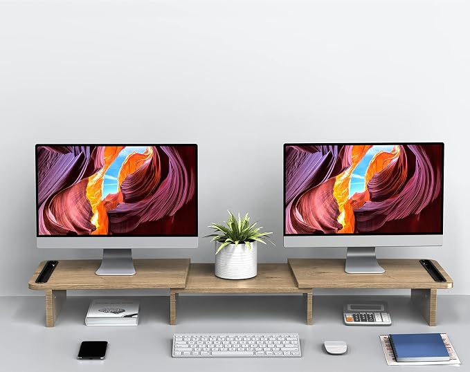 Zimilar Dual Monitor Stand Riser, Monitor Stand with Adjustable Length and Angle, Wood Monitor Stand for Desk, Monitor Riser for 2 Monitors with Storage Space